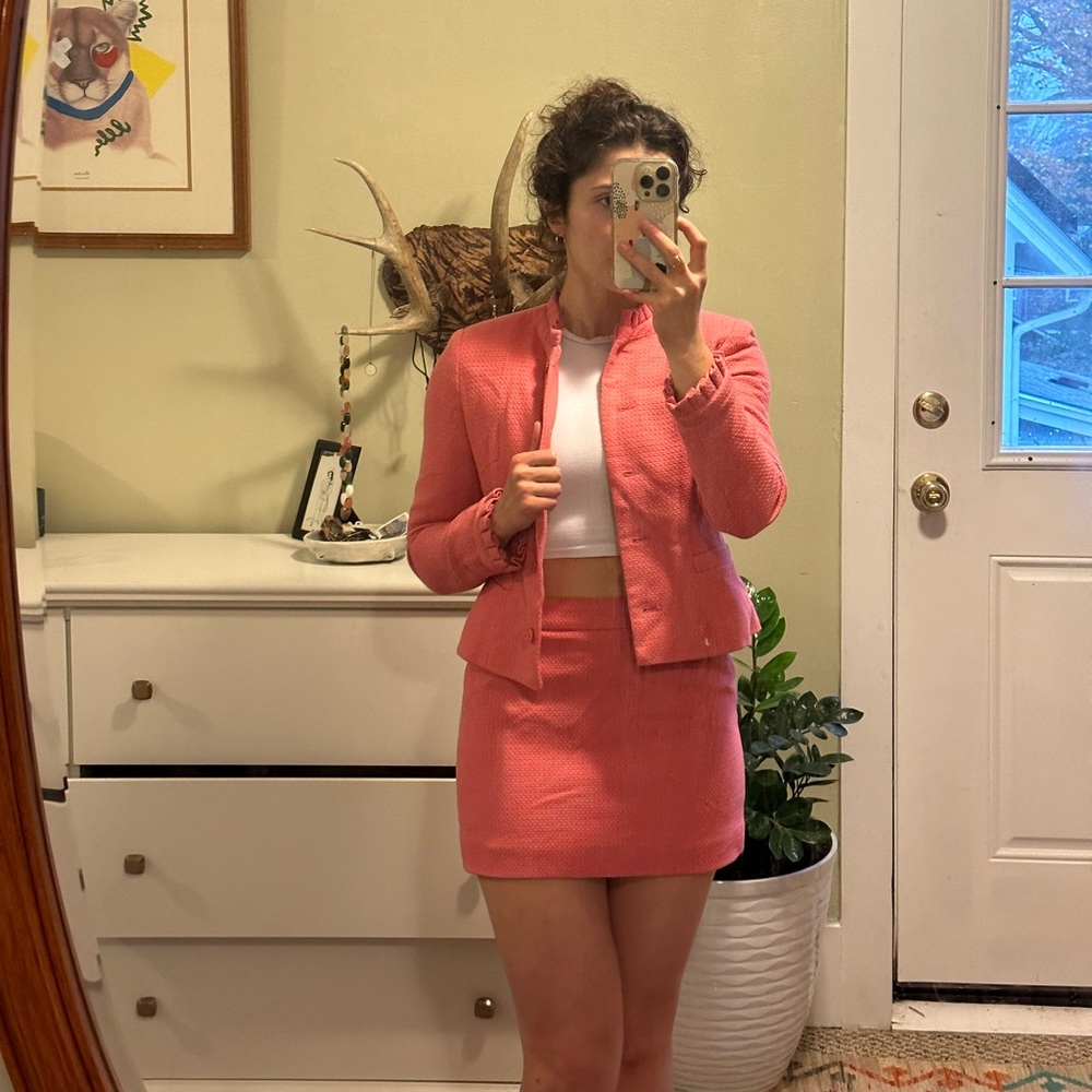 Small pink suit- perfect for a legally blonde costume! Jacket + mini skirt.
